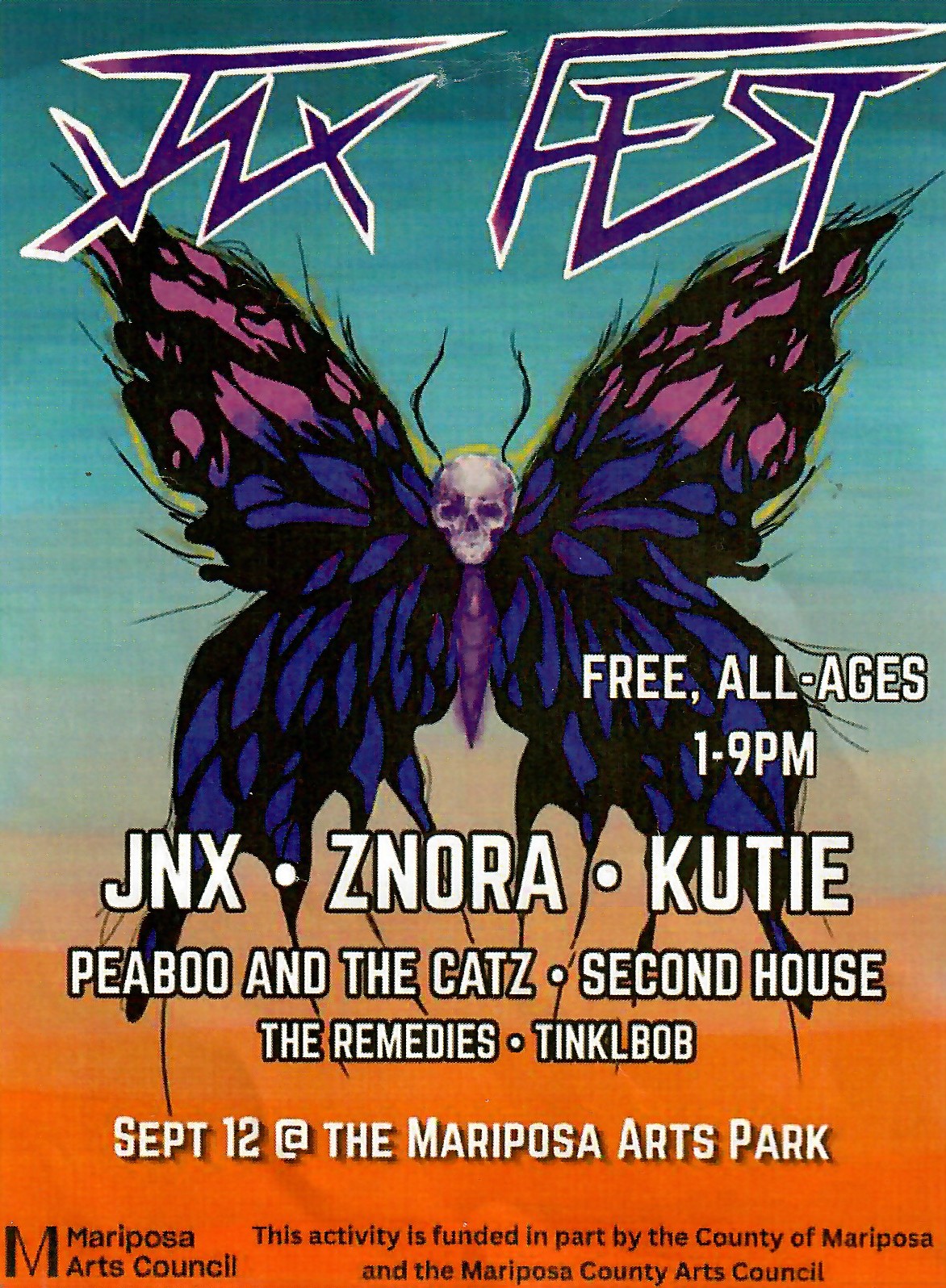 JNX Fest handout artwork with a purple and black butterfly over a teal and orange background.